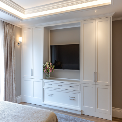 Modern 4-Door White Swing Wardrobe Design With Integrated TV Unit Design