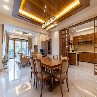 Modern Wooden 7-Seater Dining Room Design With Wooden False Ceiling