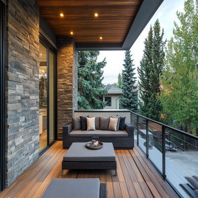 Contemporary Balcony Design with Grey Stone Cladding Wall and Wooden Flooring