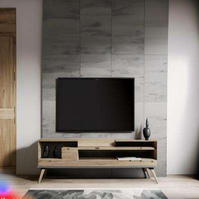 Modern TV Unit Design in Grey and Natural Wooden Laminate with Concrete Wall