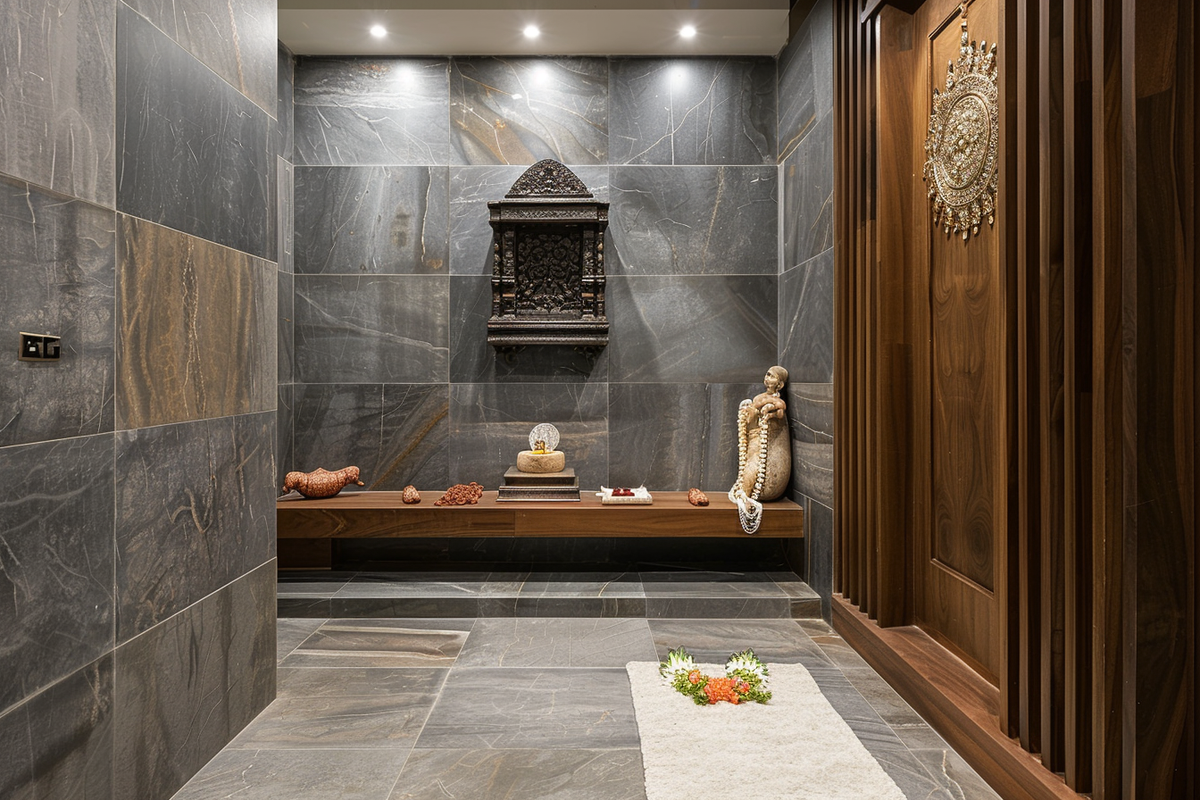 Indian Traditional Grey And Wood Pooja Room Design With Stone Cladding