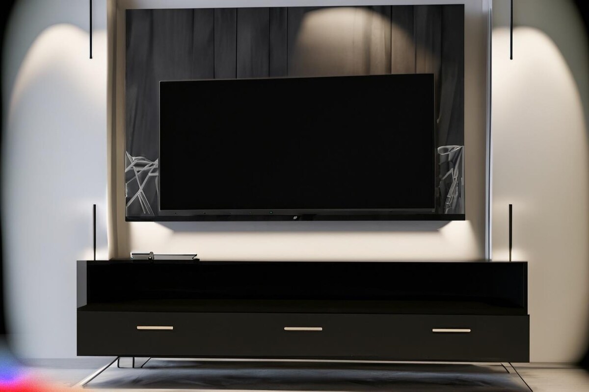 Modern TV Unit Design in Black Laminate with LED Lighting Modern TV Unit Design in Black Laminate with LED Lighting