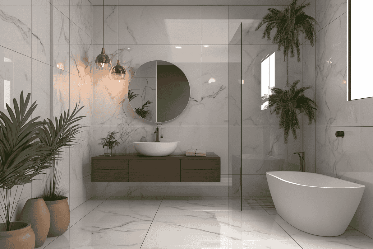 Minimalist Bathroom Design With White Marble Tiles and Pendant Lights