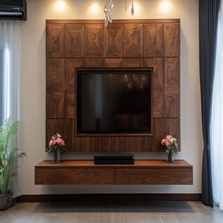 Modern Wall-Mounted TV Unit Design with Wooden Panels and Drawers