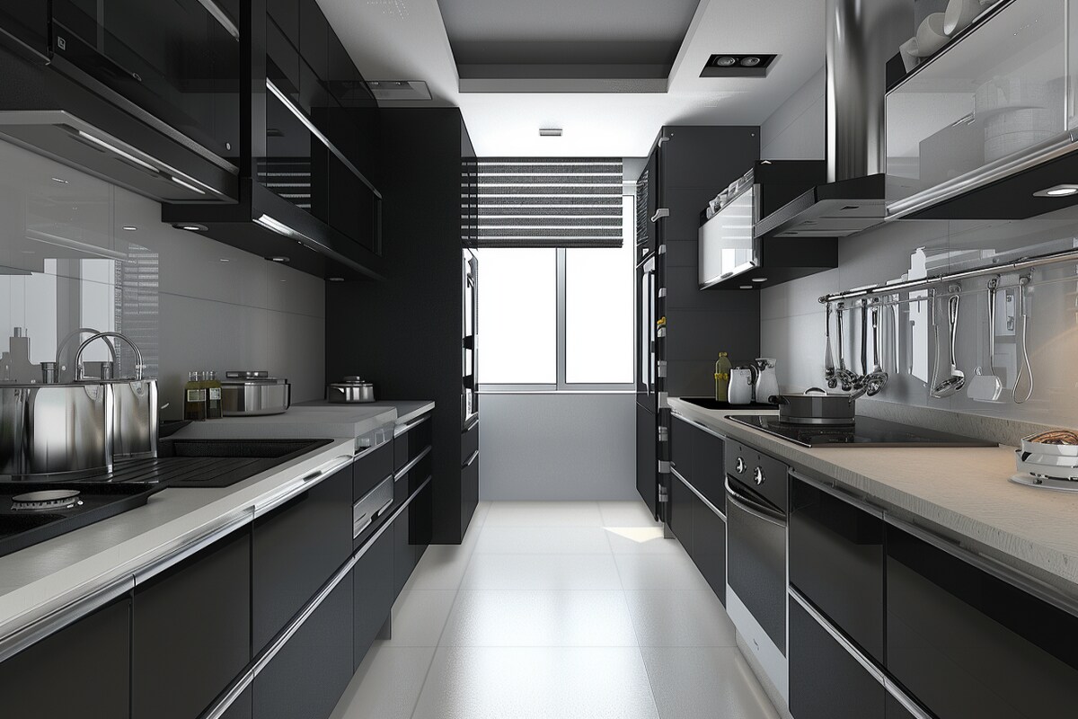 Contemporary Modular Parallel Kitchen Design With Black And White Dado Tiles