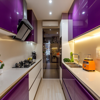 Contemporary Modular Purple And White Parallel Kitchen Design With Beige Kitchen Countertop