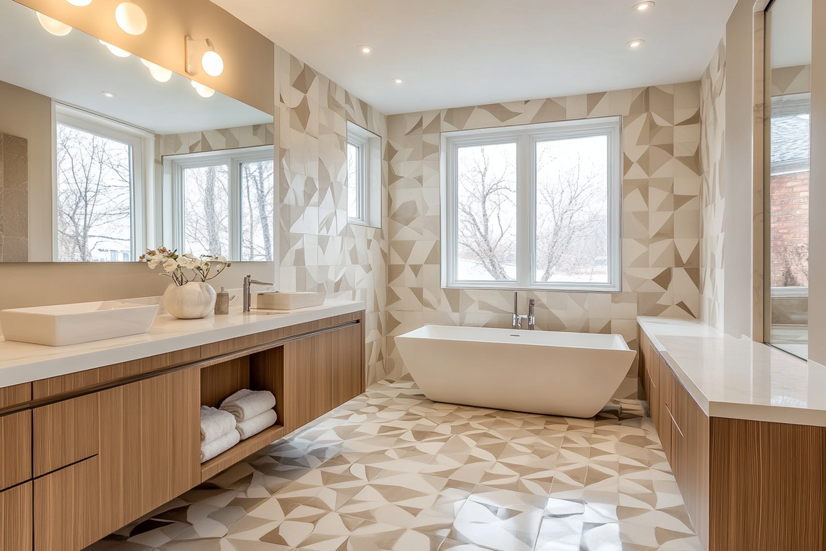 Contemporary Bathroom Design With Geometric Beige-White Bathroom Tiles And Quartz Countertop