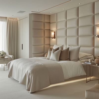 Modern Master Bedroom Design With Beige Floor-To-Ceiling Panelled Headboard