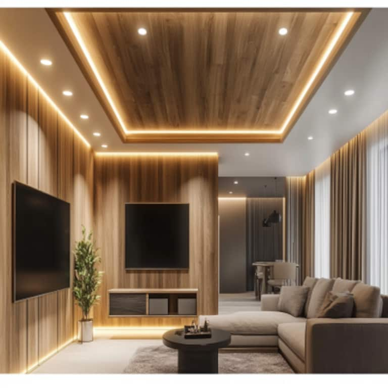 Contemporary Rectangle Wooden False Ceiling Design with Spotlights