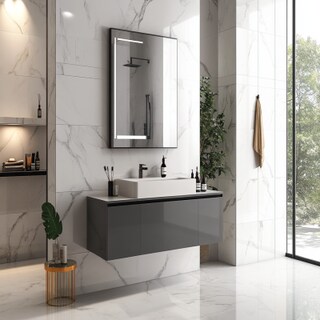 Contemporary Black And White Bathroom Design With Grey Bathroom Cabinet And Marble Countertop