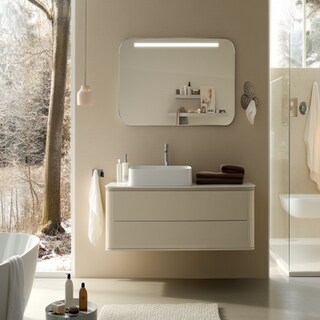 Modern White And Beige Bathroom Design With Rectangular Mirror And LED Lights