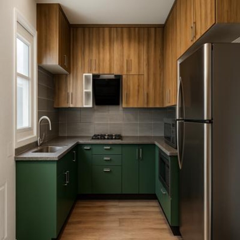Deep Green and Wood U Shaped Kitchen with Compact Layout Deep Green and Wood U Shaped Kitchen with Compact Layout