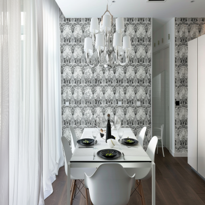 Contemporary 4-Seater White Dining Room Design With Damask Wallpaper