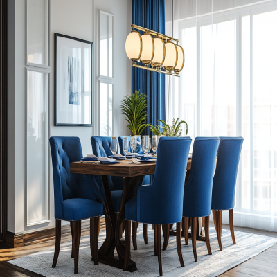 Modern 6-Seater Dining Room Design With Blue Upholstered Chairs