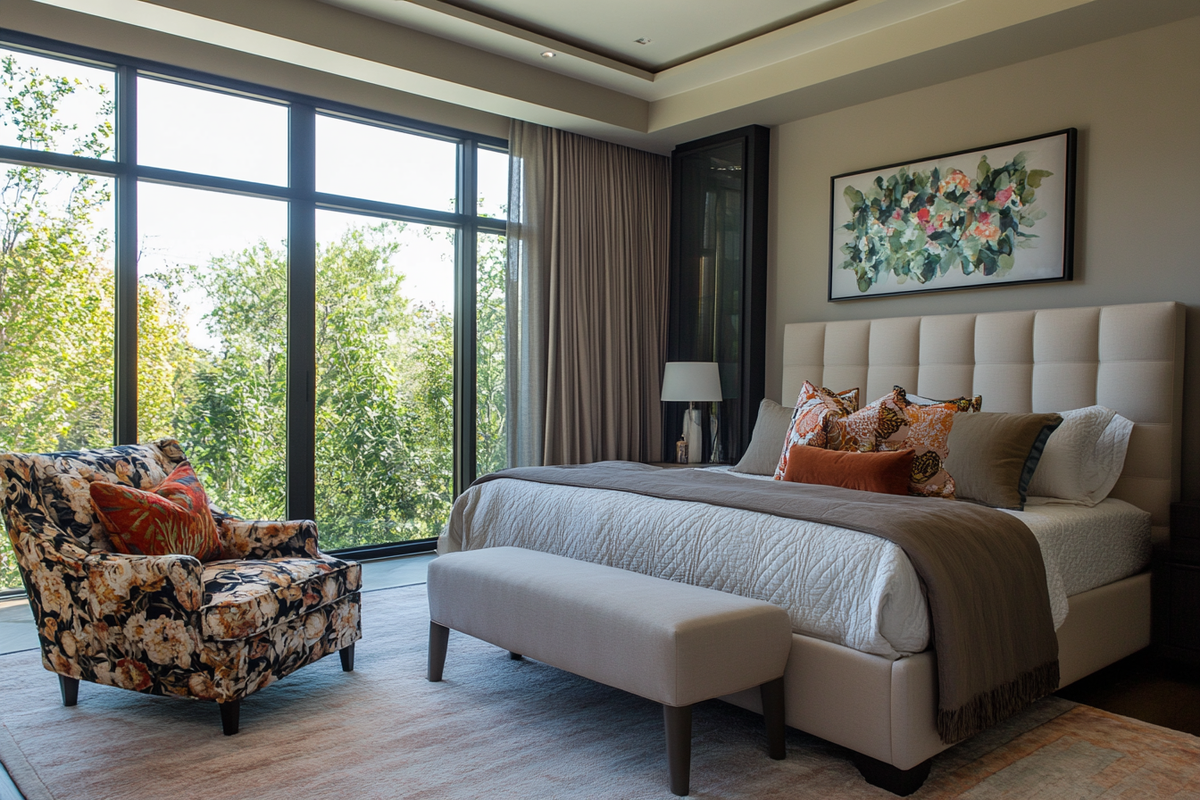 Contemporary Master Bedroom Design With Floral Accent Chair