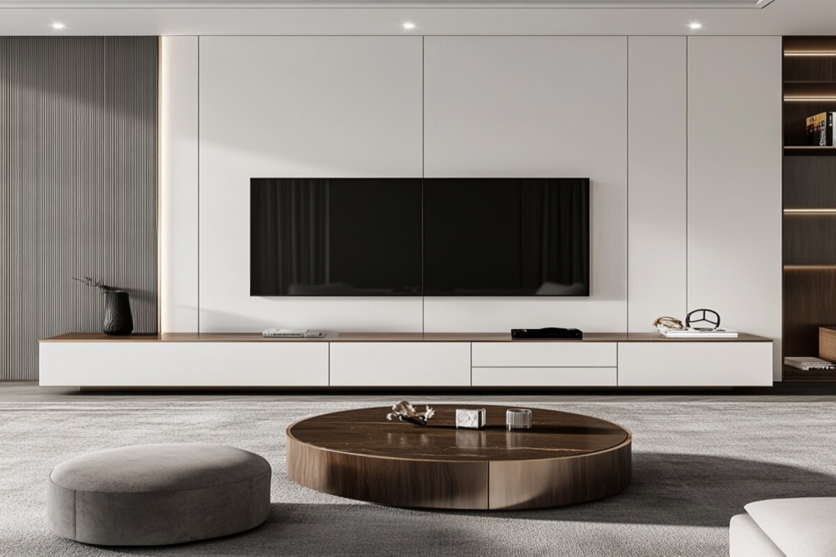 Minimal TV Unit Design in Frosty White with Walnut Bronze Accents Minimal TV Unit Design in Frosty White with Walnut Bronze Accents