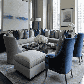 Contemporary Living Room Design With Grey Sofas and Blue Accent Chairs