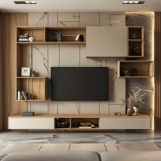 Modern Wall-Mounted Champagne-Toned And Wooden TV Unit With Wooden Open Shelves Unit