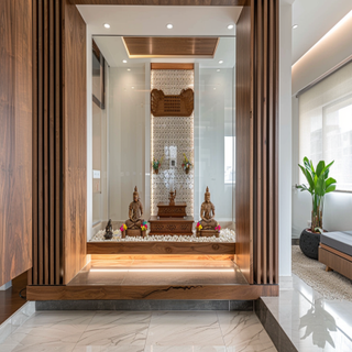 Minimal Wooden Pooja Unit Design With Mirrored Side Wall