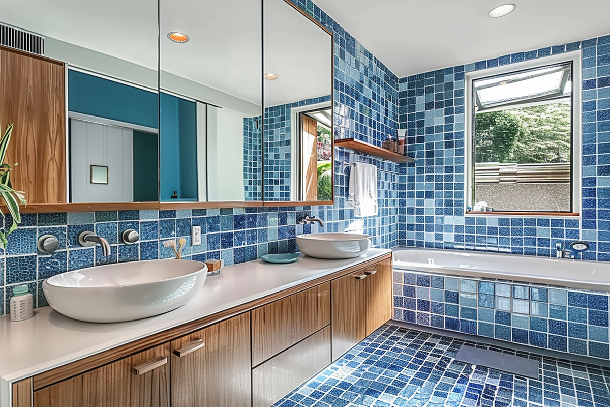 Modern Bathroom With Blue And White Tiles Suede Vanity Corian Countertop