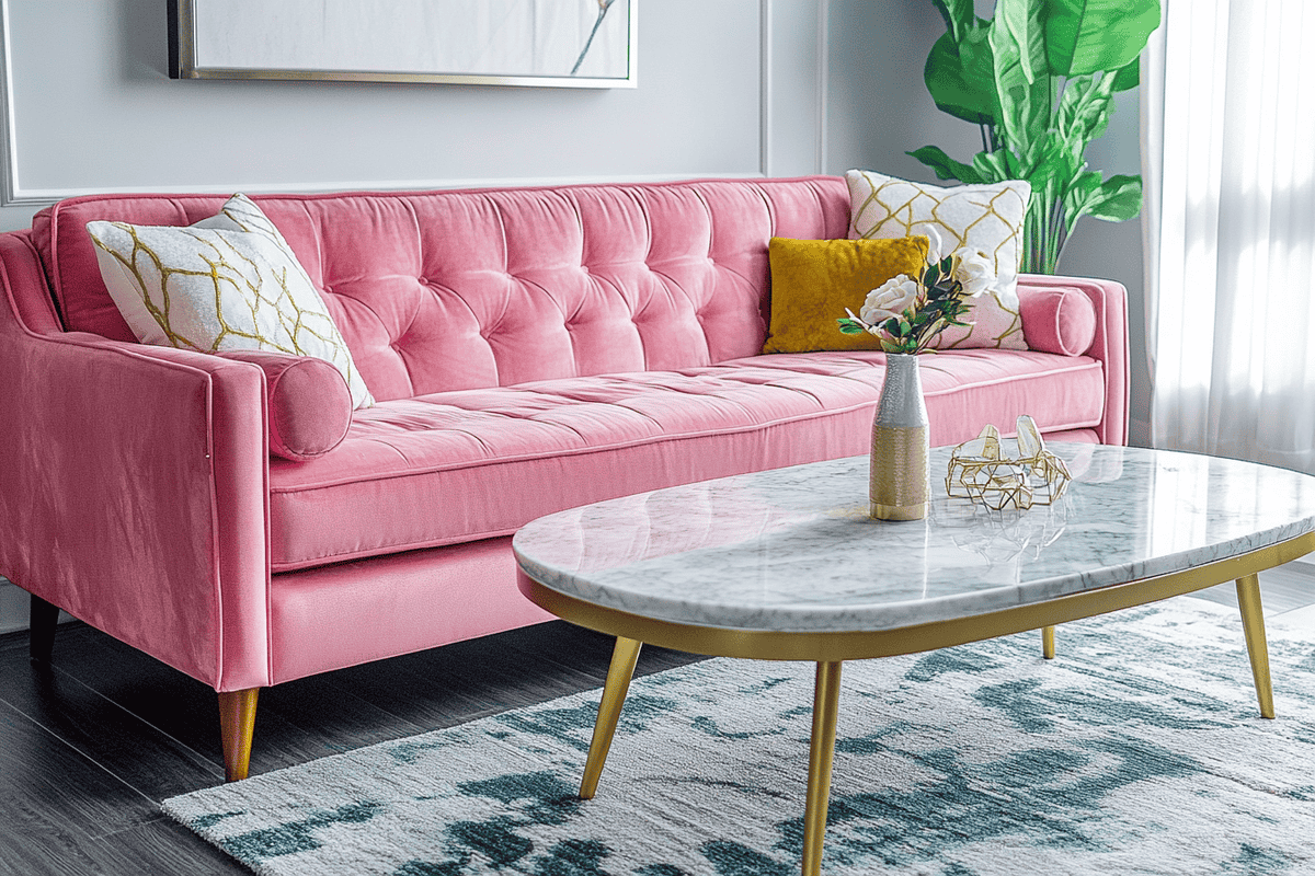 Vibrant Modern Living Room Design with Pink Sofa and Marble Coffee Table