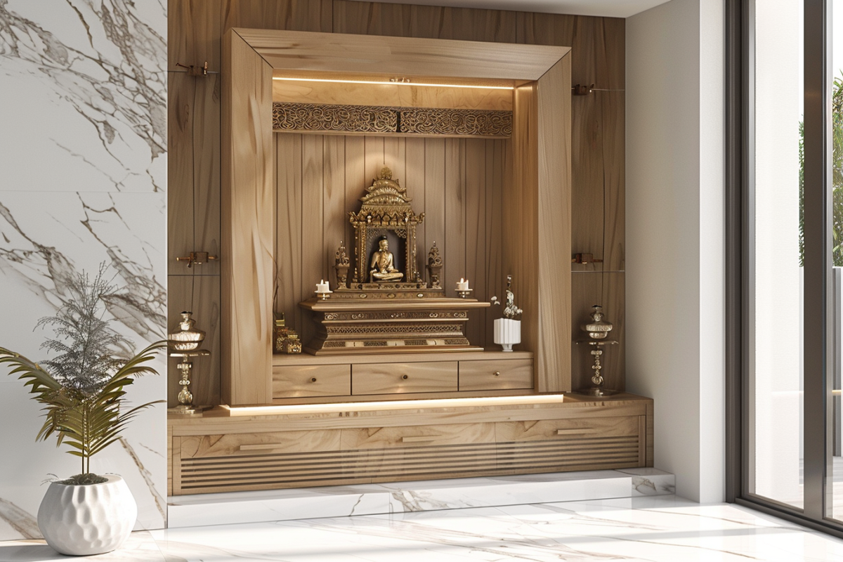 2 Modern Champagne-Toned Mandir Design With Closed Shutter And Drawer Storage