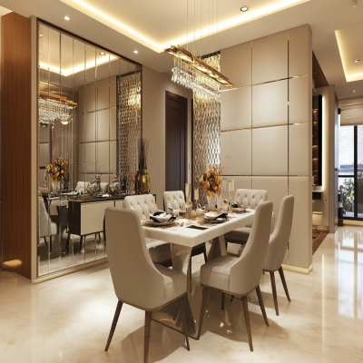 Contemporary 6-Seater White And Beige Dining Room Design With Mirrored Panel Wall And Pooja Unit