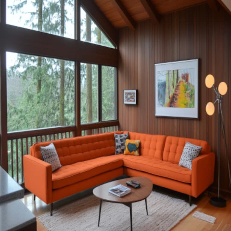 Mid-Century Modern Living Room Design With Orange L-Shaped Sofa