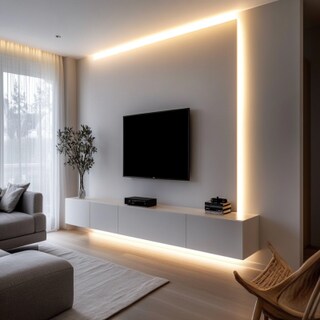 Minimalist TV Unit Design with White Wooden Backpanel and Strip Light