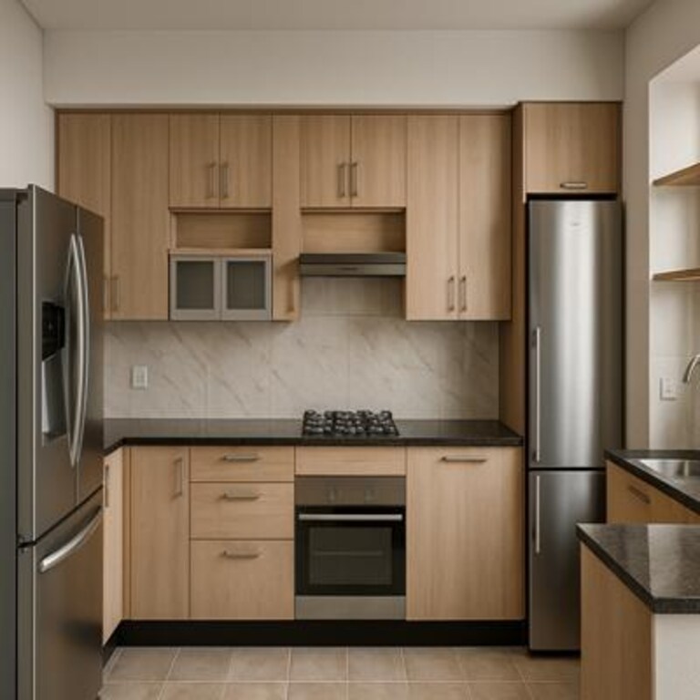 Modern Industrial Wood Marble L Shaped Kitchen