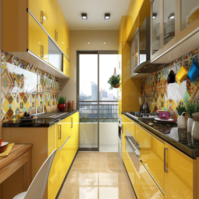 Modern Modular Parallel Kitchen Cabinet Design With 3D Dado Tiles And Light Yellow Cabinets