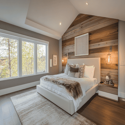 Modern Master Bedroom Design with King Bed and Wooden Panels