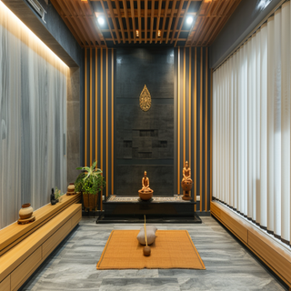 Contemporary Grey And Black Pooja Room Design With Wooden Fluted Panels