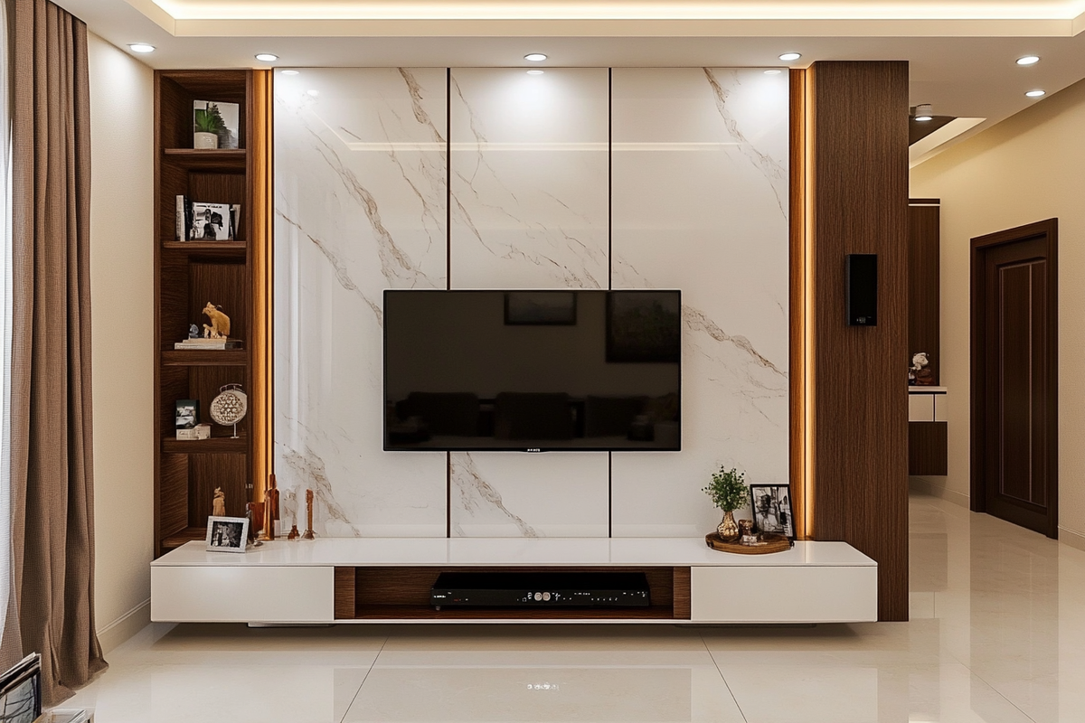 Modern TV Unit Design in Frosty White and Brown Tone