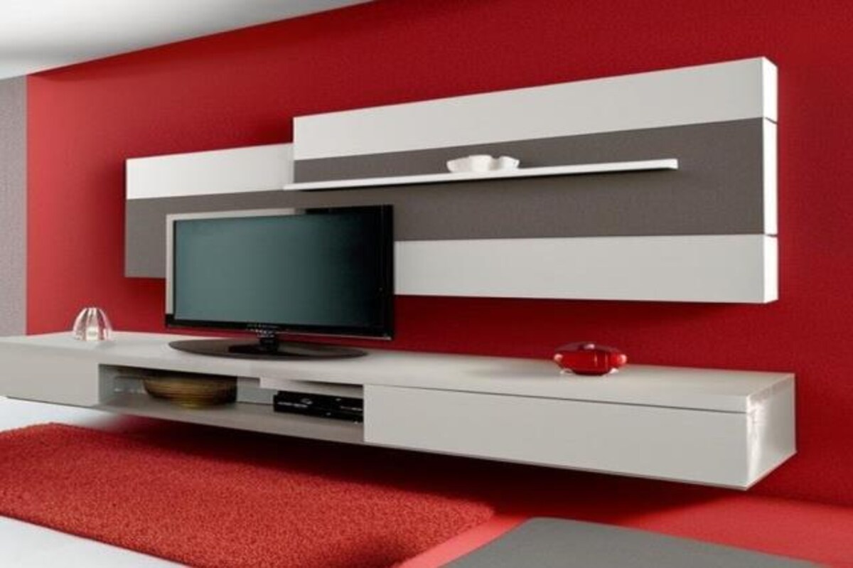 Modern TV Unit Design in Beige and Grey Laminate with Red Wall Modern TV Unit Design in Beige and Grey Laminate with Red Wall