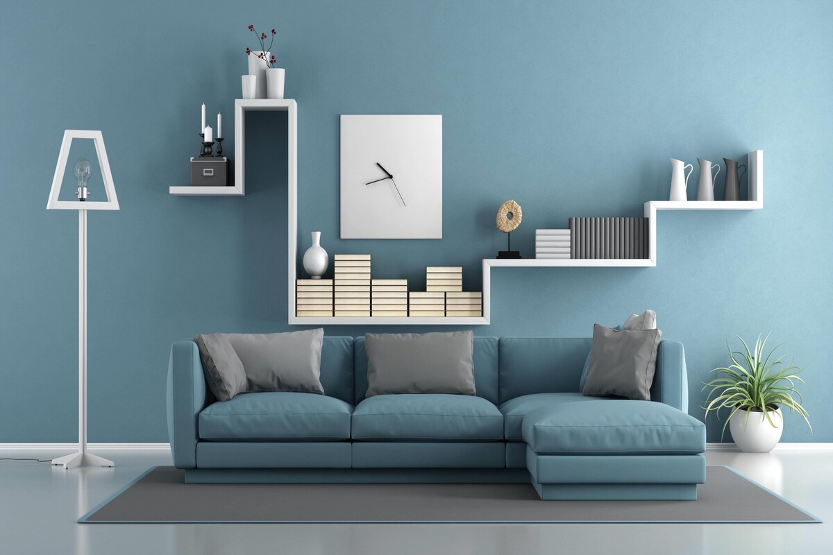 Asymmetrical Open Shelf For Living Room Design With Minimalist Furnishings And An Indoor Plant Asymmetrical Open Shelf For Living Room Design With Minimalist Furnishings And An Indoor Plant
