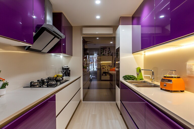 Contemporary Modular Purple And White Parallel Kitchen Design With ...