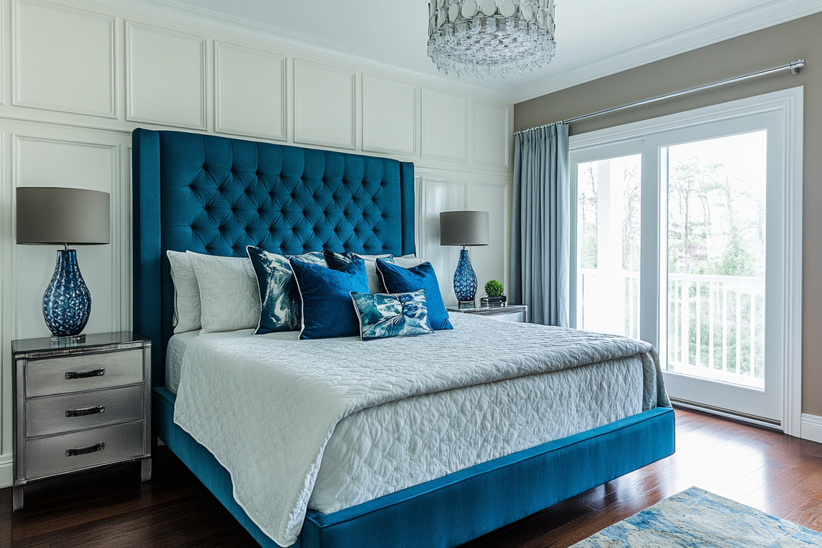 Contemporary Master Bedroom Design With Teal Blue Headboard