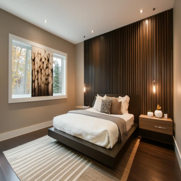 Modern Bedroom Wall Design With Dark Brown Wooden Panelling