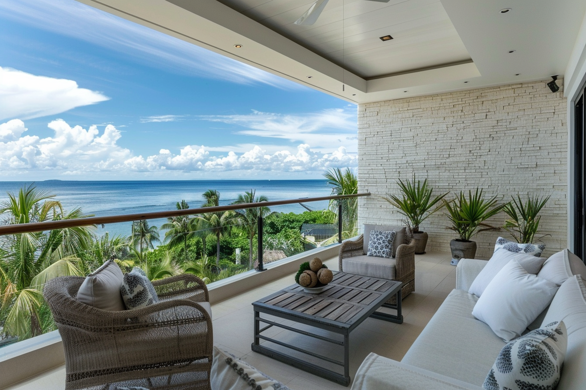 Tropical Balcony Design With White Brick Accent Wall