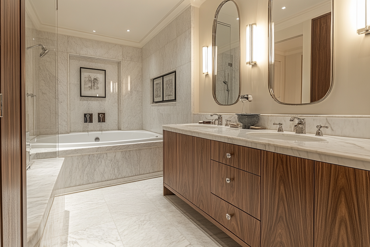 Art Deco White Marble Bathroom Design With Wooden Vanity Unit