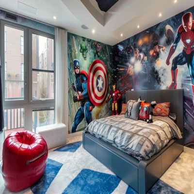 Modern Kids Room Design With Avengers-Themed Wallpaper And Platform Bed