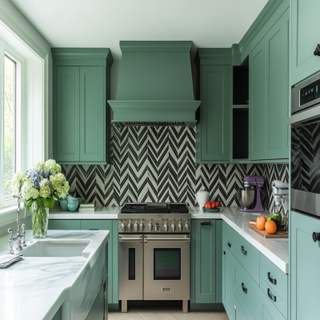 Classic Sea-Green Regalia L-Shaped Kitchen Design With Black-White Chevron Backsplash