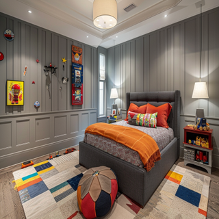 Eclectic Boys Room Design With Grey Bed And Fluted Wall Panelling