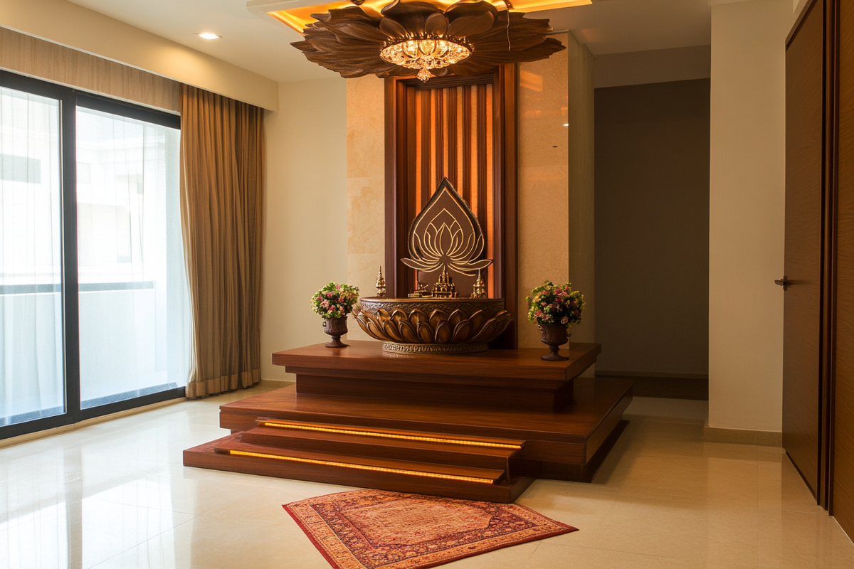 Contemporary Pooja Unit Design with Lotus Chandelier