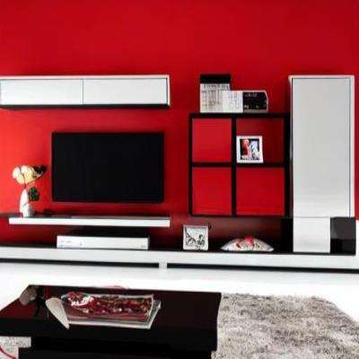 Modern TV Unit Design in Black and Maroon Laminate with Maroon Wall