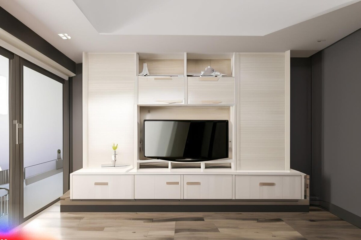 Modern TV Unit Design in Cream and Grey Laminate Modern TV Unit Design in Cream and Grey Laminate