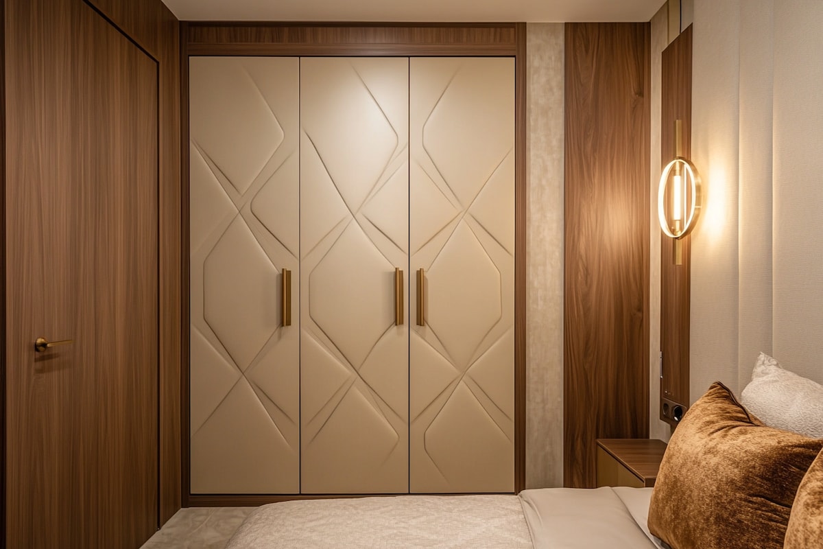 Modern Champagne-Toned 3-Door Swing Wardrobe Design