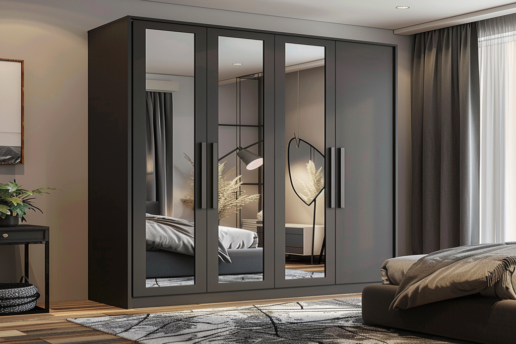 Modern Grey 4-Door Swing Wardrobe With Mirror And Frosted Glass Storage