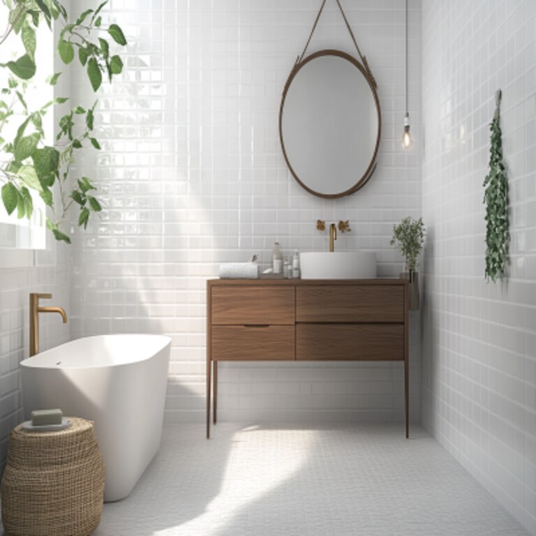 Mid Century Modern Bathroom Design with White and Light Grey Tiles